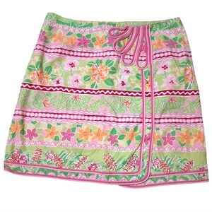 Lilly Pulitzer Floral Wrap Skirt with Pink and Green Stripes Size 8